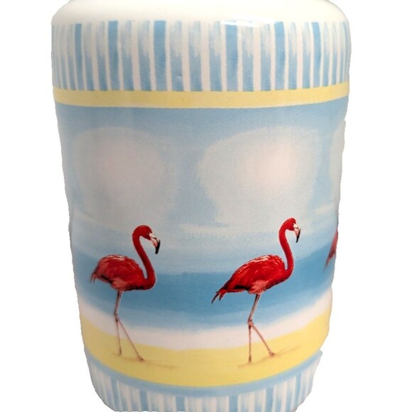 Flamingos On Beach Ceramic Bath Set Dispenser Toothbrush Holder Tumbler Gift NEW - Picture 4 of 7